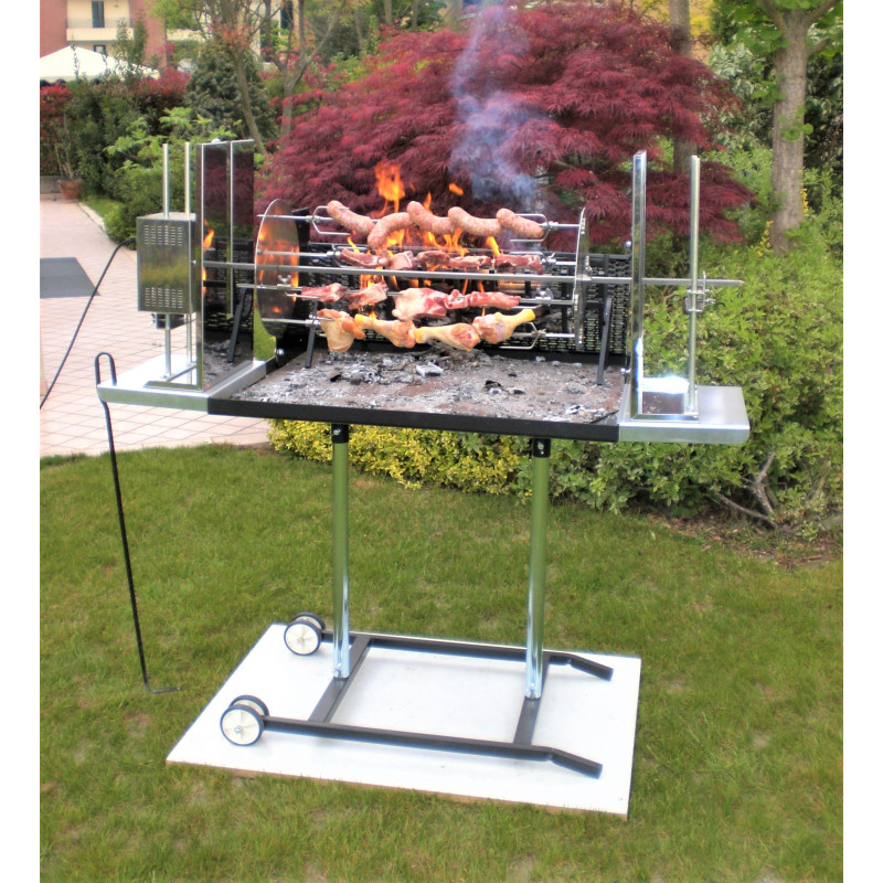Barbecue Maxi con girarrosto elettrico e spiedo planetario, cappottina, lamiera frontale e leccarda