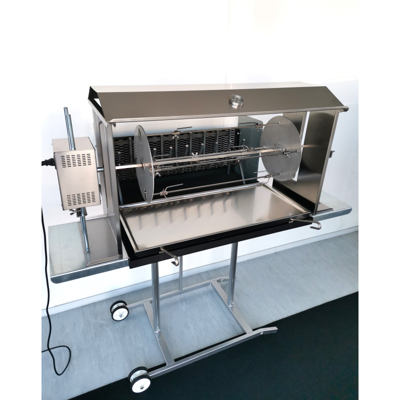 Barbecue Maxi con girarrosto elettrico e spiedo planetario, cappottina, lamiera frontale e leccarda