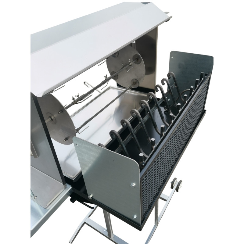 Barbecue Maxi con girarrosto elettrico e spiedo planetario, cappottina, lamiera frontale e leccarda