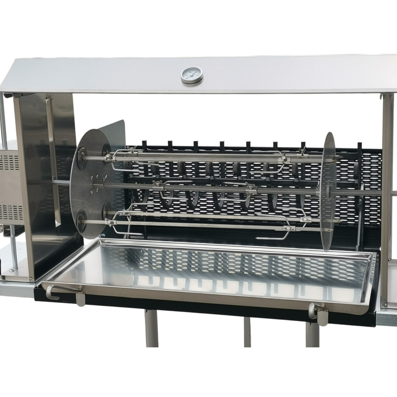 Barbecue Maxi con girarrosto elettrico e spiedo planetario, cappottina, lamiera frontale e leccarda