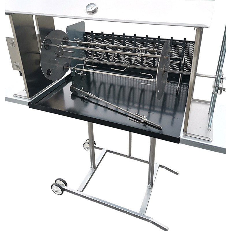 Barbecue Maxi con girarrosto elettrico e spiedo planetario, cappottina, lamiera frontale e leccarda