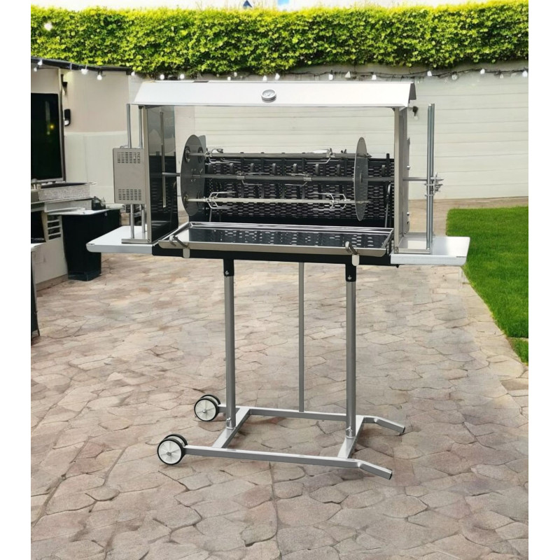 Barbecue Maxi con girarrosto elettrico e spiedo planetario, cappottina, lamiera frontale e leccarda